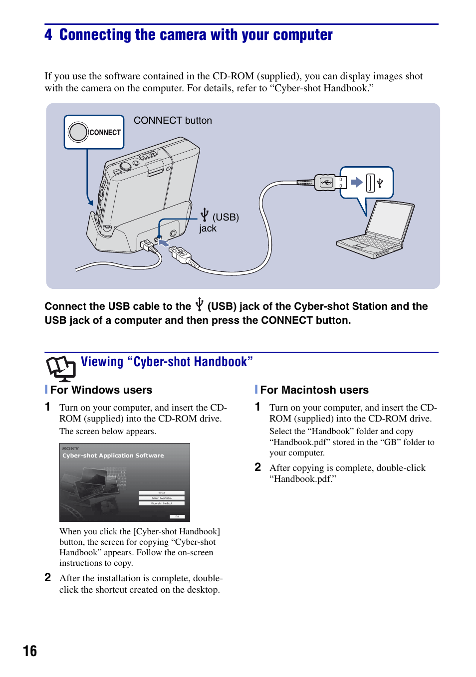4 connecting the camera with your computer, Viewing “cyber-shot handbook | Sony DSC-G1 User Manual | Page 16 / 76