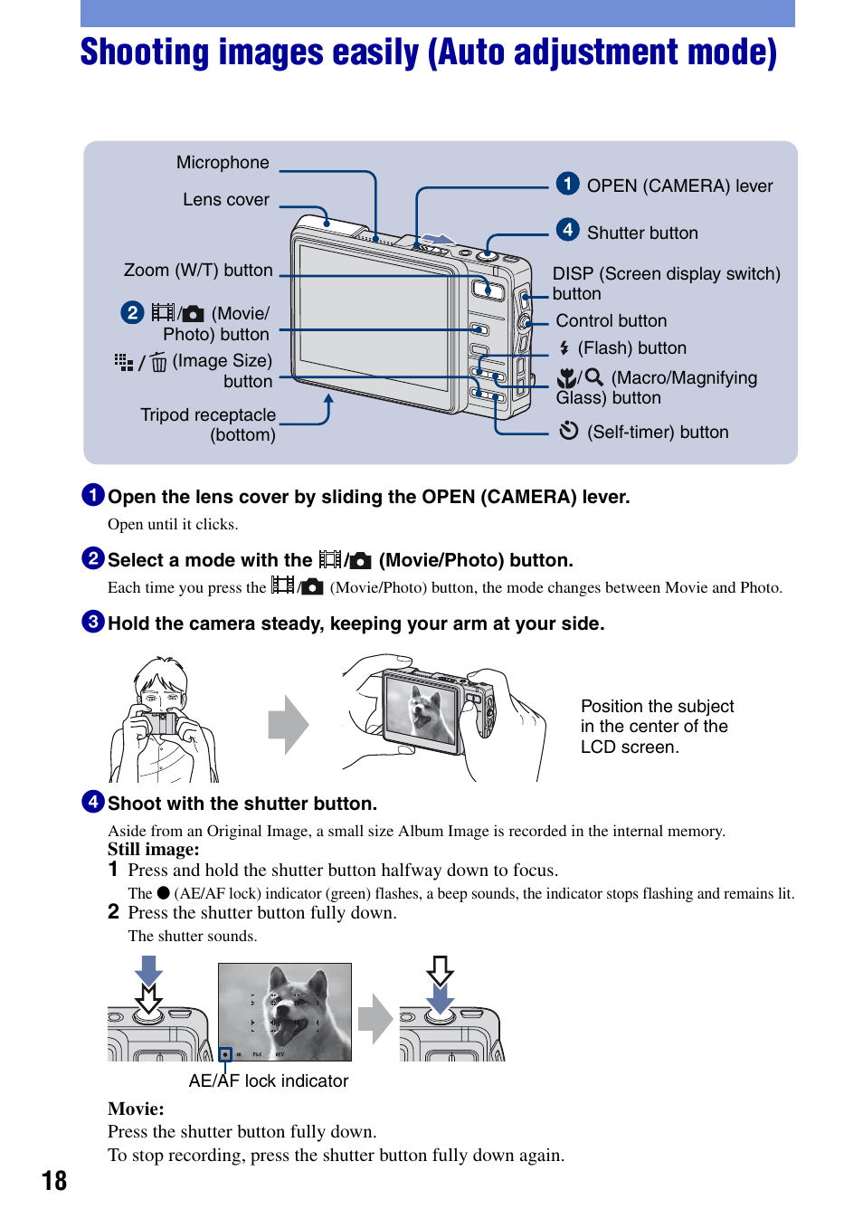 Shooting images easily (auto adjustment mode) | Sony DSC-G1 User Manual | Page 18 / 76