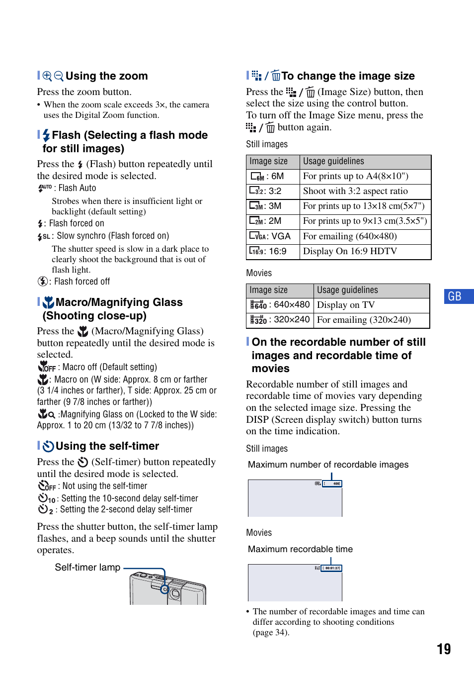 Zoom/flash/macro/self-timer/image size, Zoom/flash | Sony DSC-G1 User Manual | Page 19 / 76