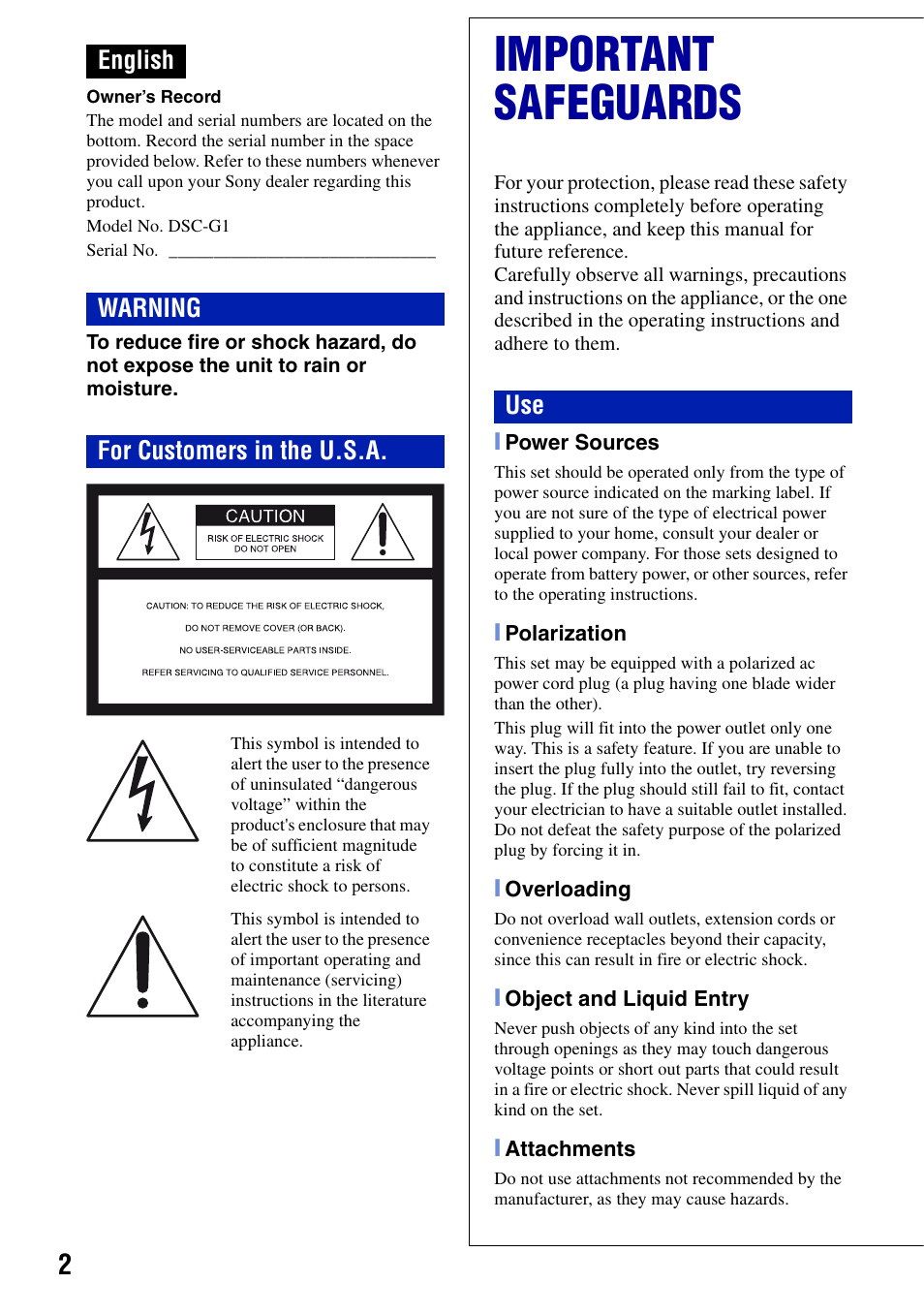 English, Important safeguards, English warning for customers in the u.s.a | Sony DSC-G1 User Manual | Page 2 / 76