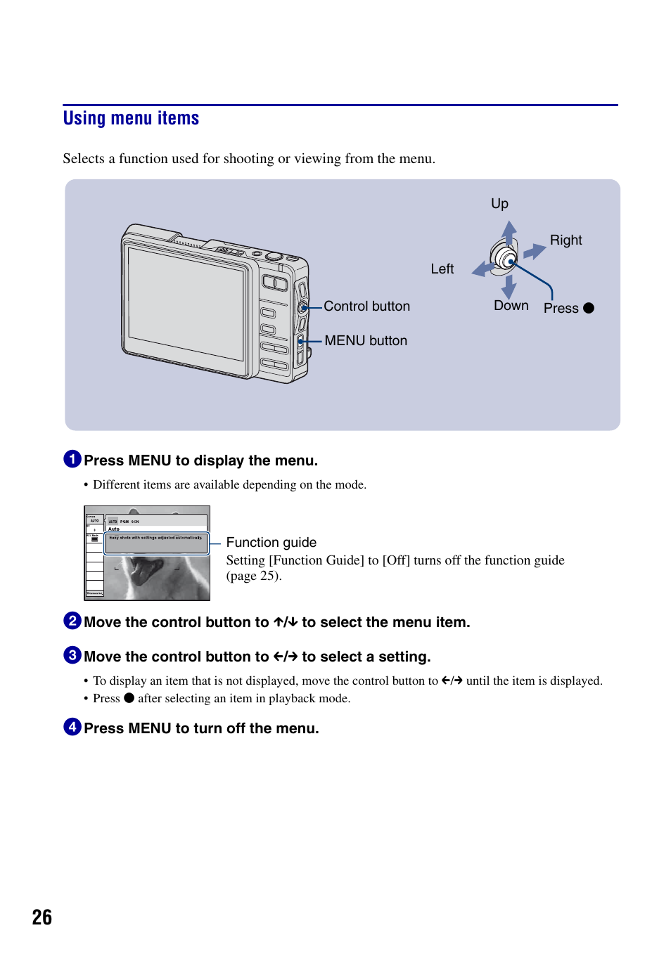 Using menu items | Sony DSC-G1 User Manual | Page 26 / 76