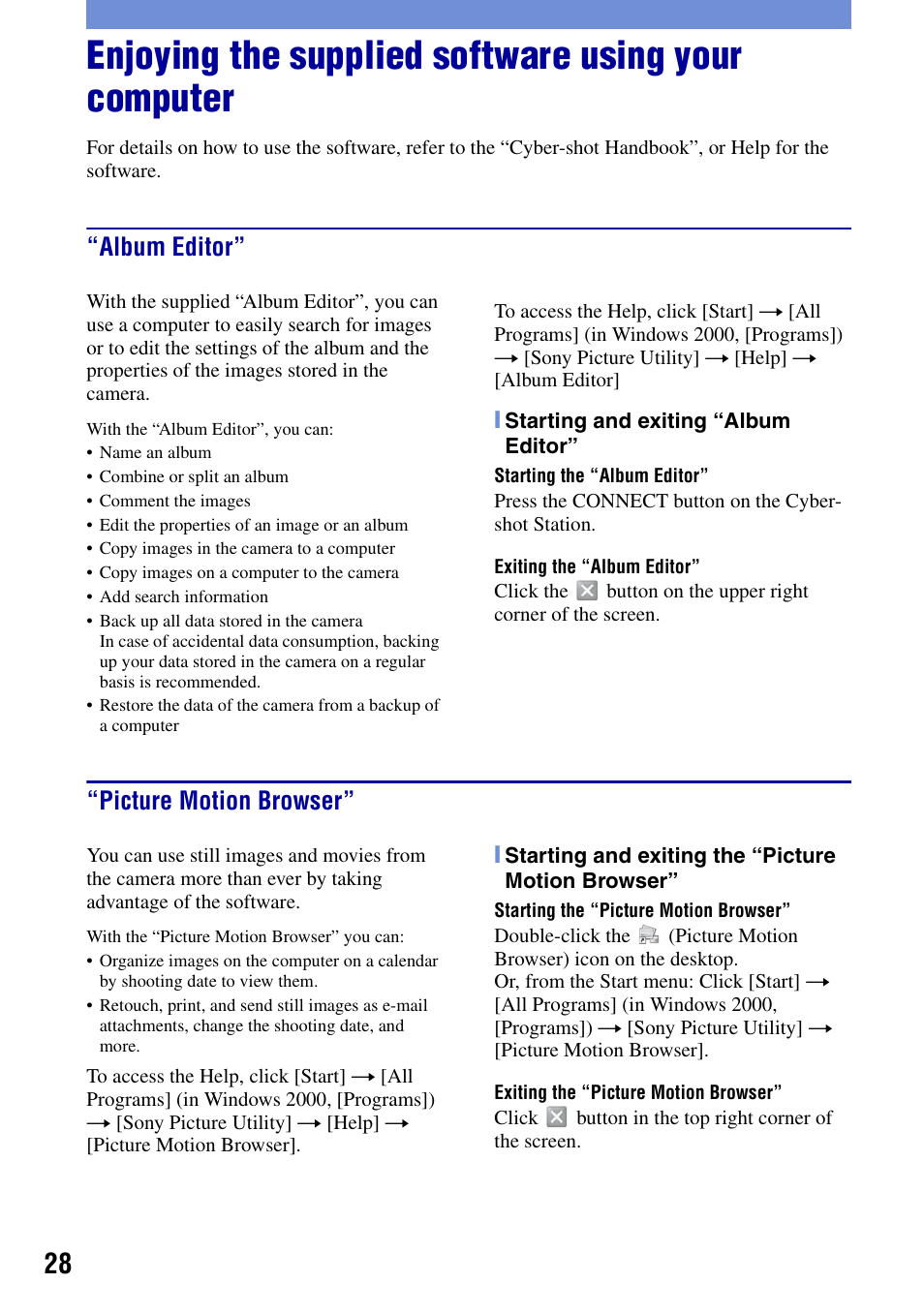 Enjoying the supplied software using your computer, Album editor, Picture motion browser | Album editor” “picture motion browser | Sony DSC-G1 User Manual | Page 28 / 76