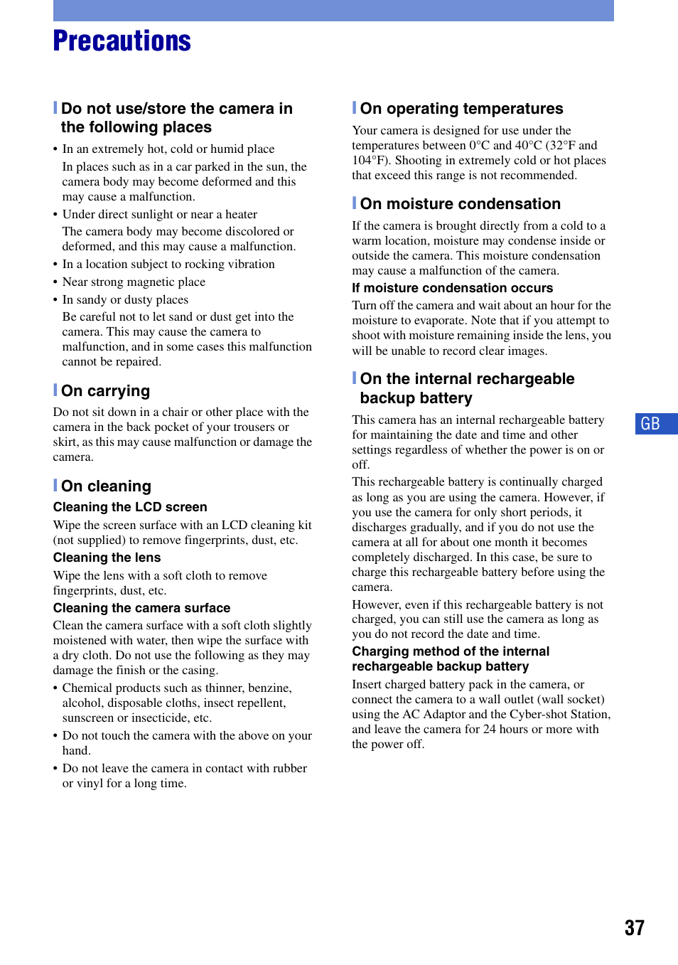 Precautions | Sony DSC-G1 User Manual | Page 37 / 76