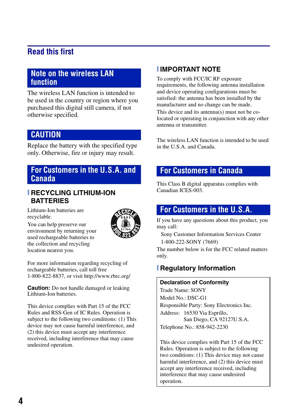 Read this first | Sony DSC-G1 User Manual | Page 4 / 76