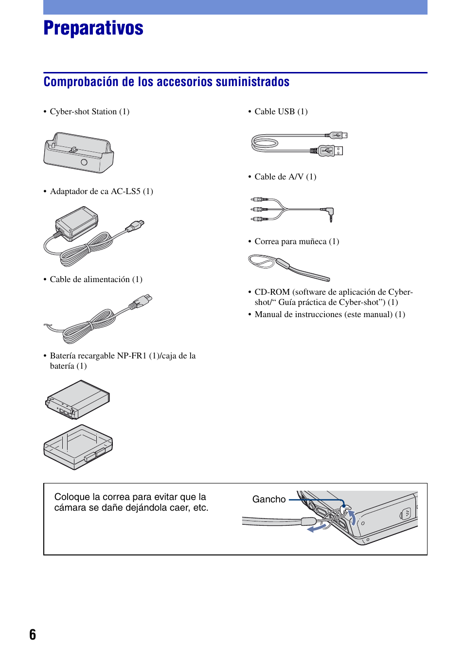 Preparativos, Comprobación de los accesorios suministrados | Sony DSC-G1 User Manual | Page 44 / 76