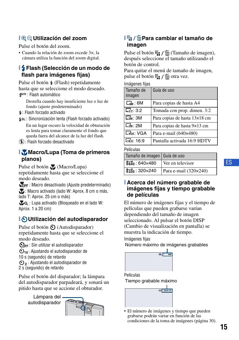 Zoom/flash/macro/autodisparador/tamaño de imagen, Zoom/flash | Sony DSC-G1 User Manual | Page 53 / 76