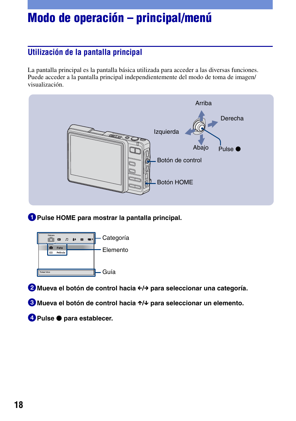 Modo de operación - principal/menú, Utilización de la pantalla principal, Modo de operación – principal/menú | Sony DSC-G1 User Manual | Page 56 / 76