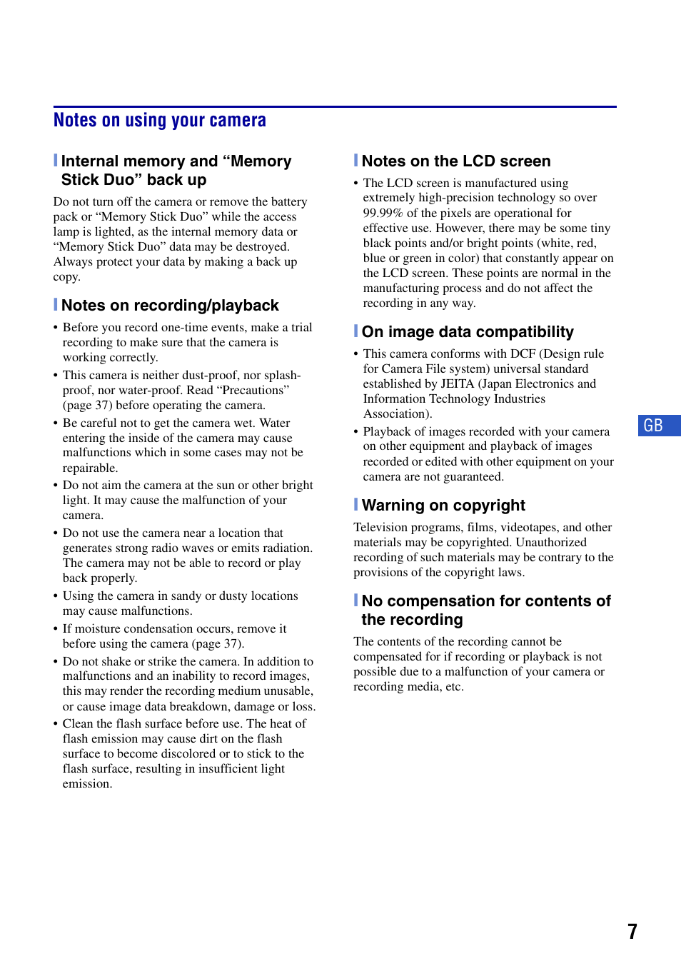 Notes on using your camera | Sony DSC-G1 User Manual | Page 7 / 76