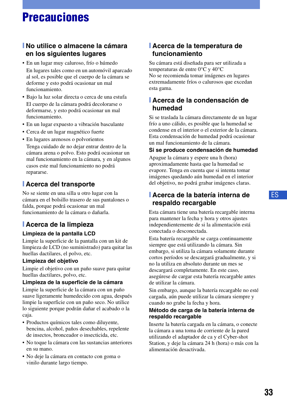 Precauciones | Sony DSC-G1 User Manual | Page 71 / 76