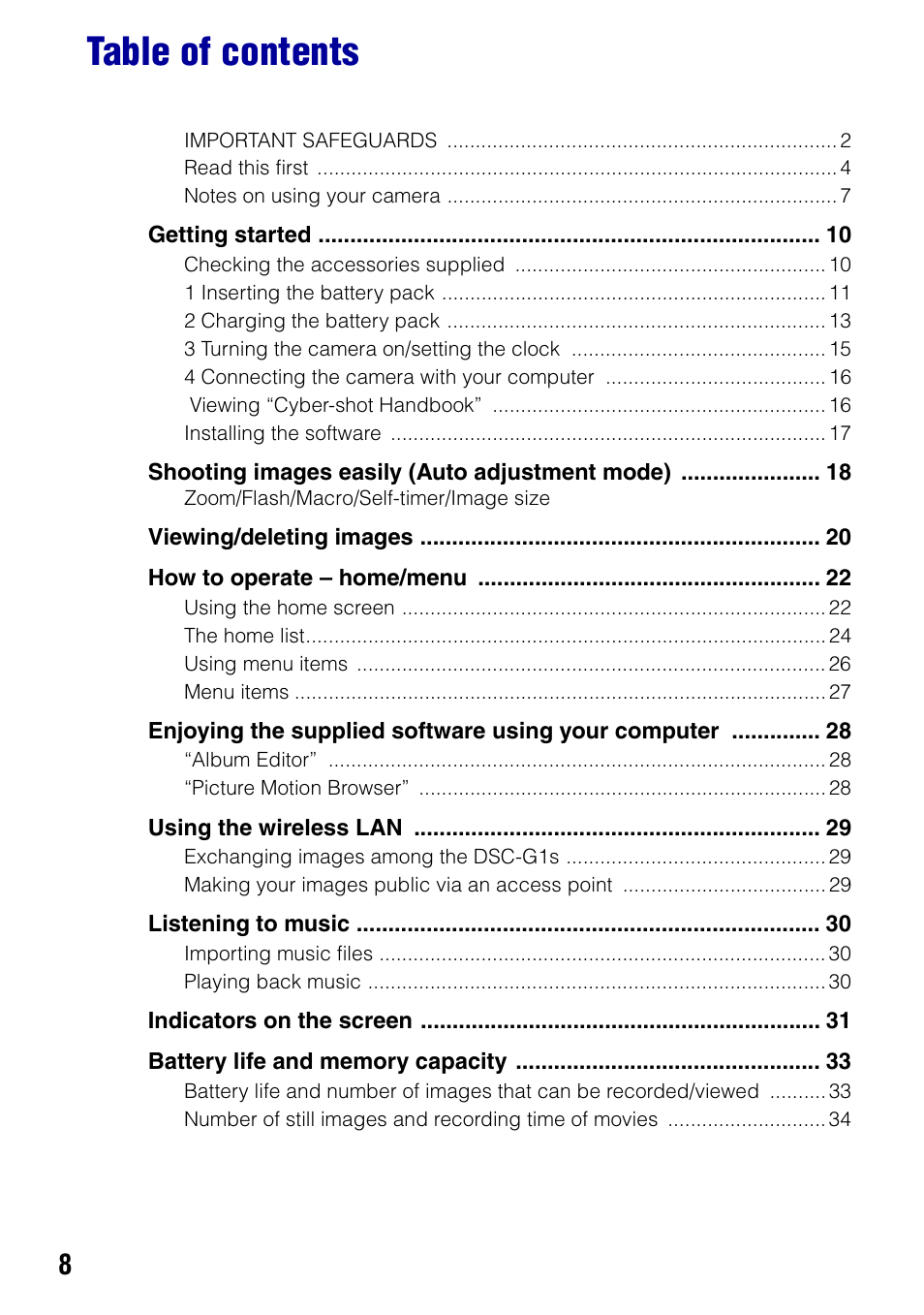 Sony DSC-G1 User Manual | Page 8 / 76