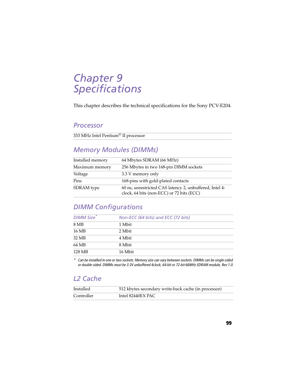 Specifications, Processor, Memory modules (dimms) | Dimm configurations, L2 cache, Chapter 9 — specifications, Chapter 9 specifications | Sony PCV-E204 User Manual | Page 107 / 114