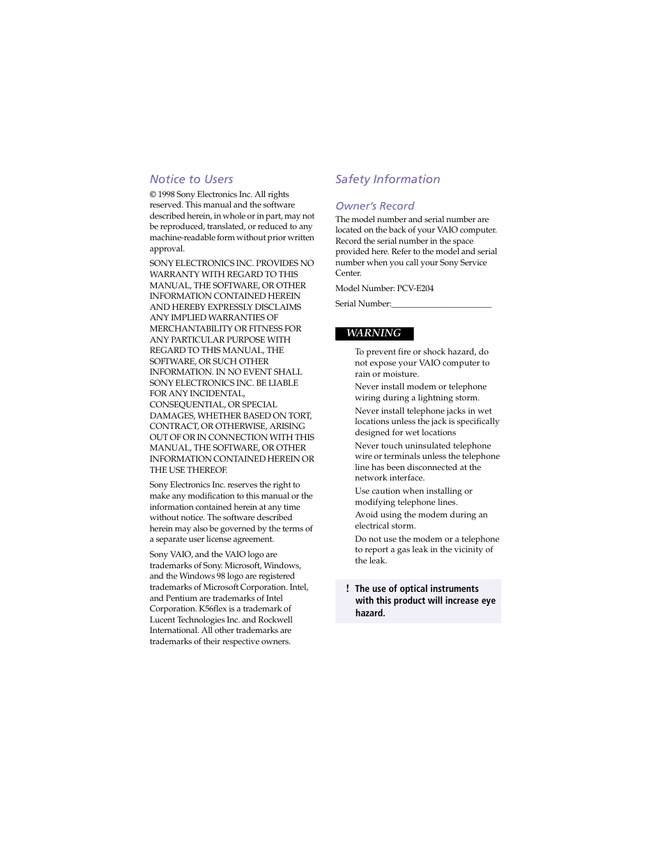 Notice to users, Safety information, Owner’s record | Sony PCV-E204 User Manual | Page 2 / 114