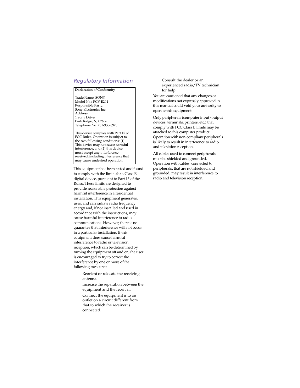 Regulatory information | Sony PCV-E204 User Manual | Page 3 / 114