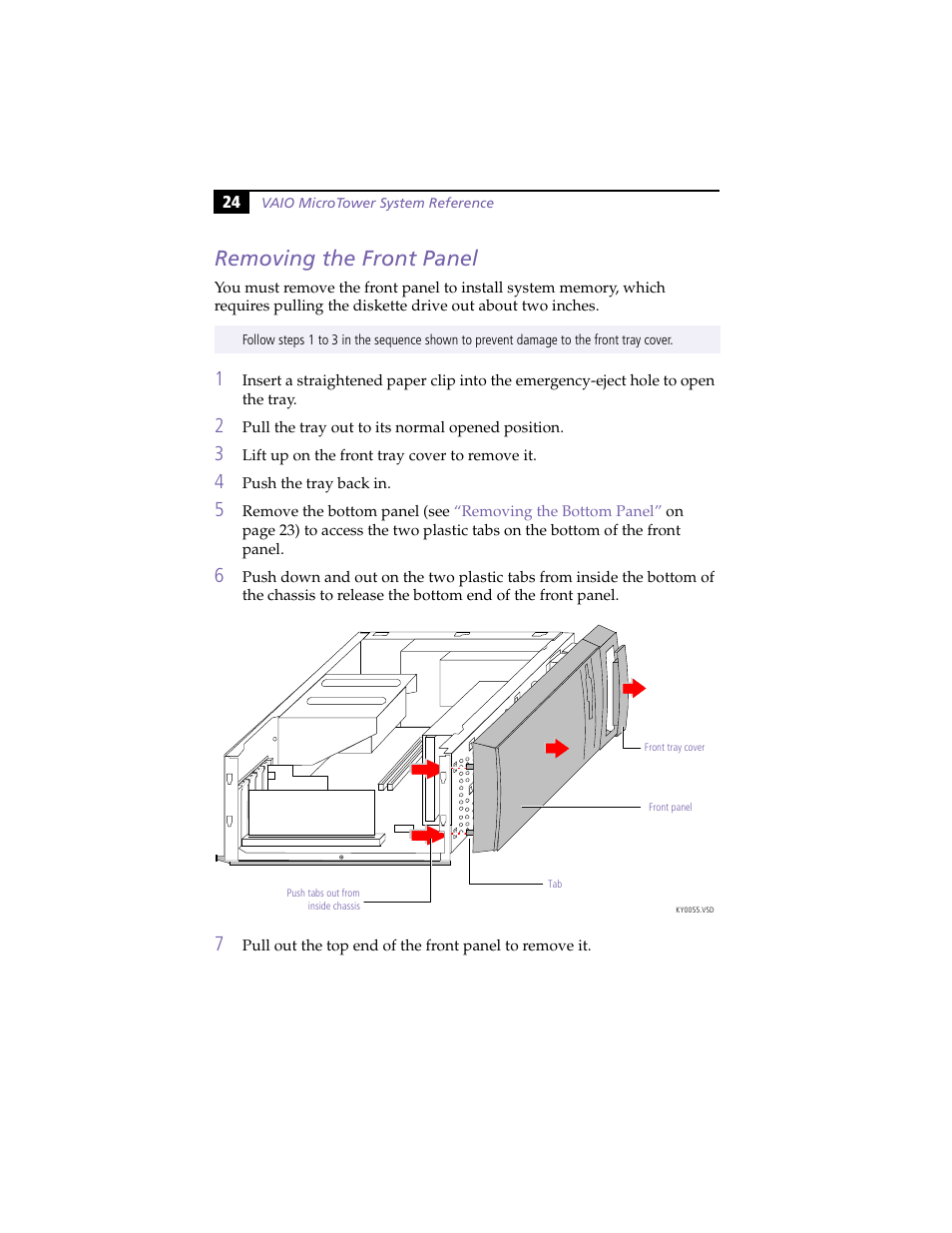 Removing the front panel | Sony PCV-E204 User Manual | Page 32 / 114