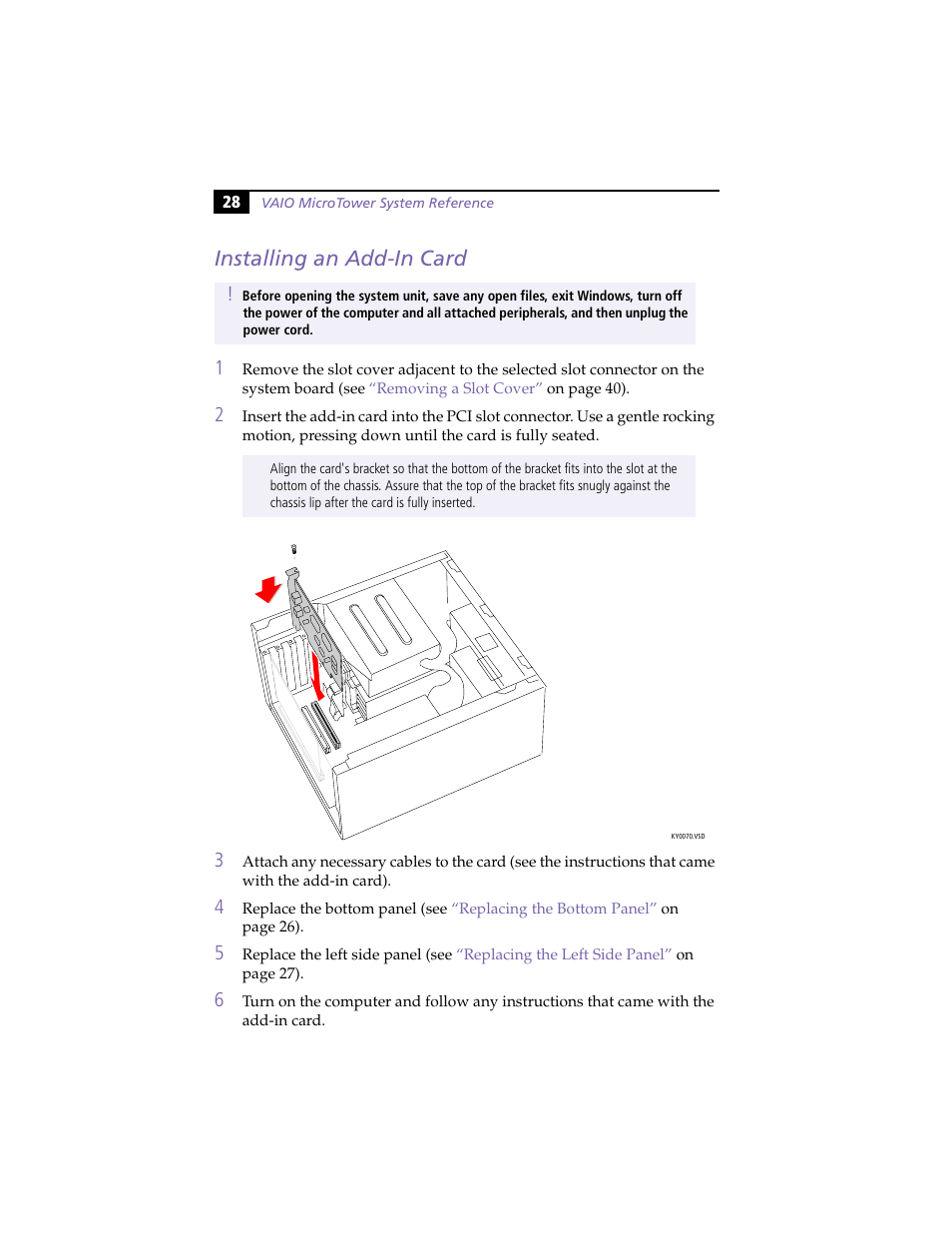 Installing an add-in card | Sony PCV-E204 User Manual | Page 36 / 114