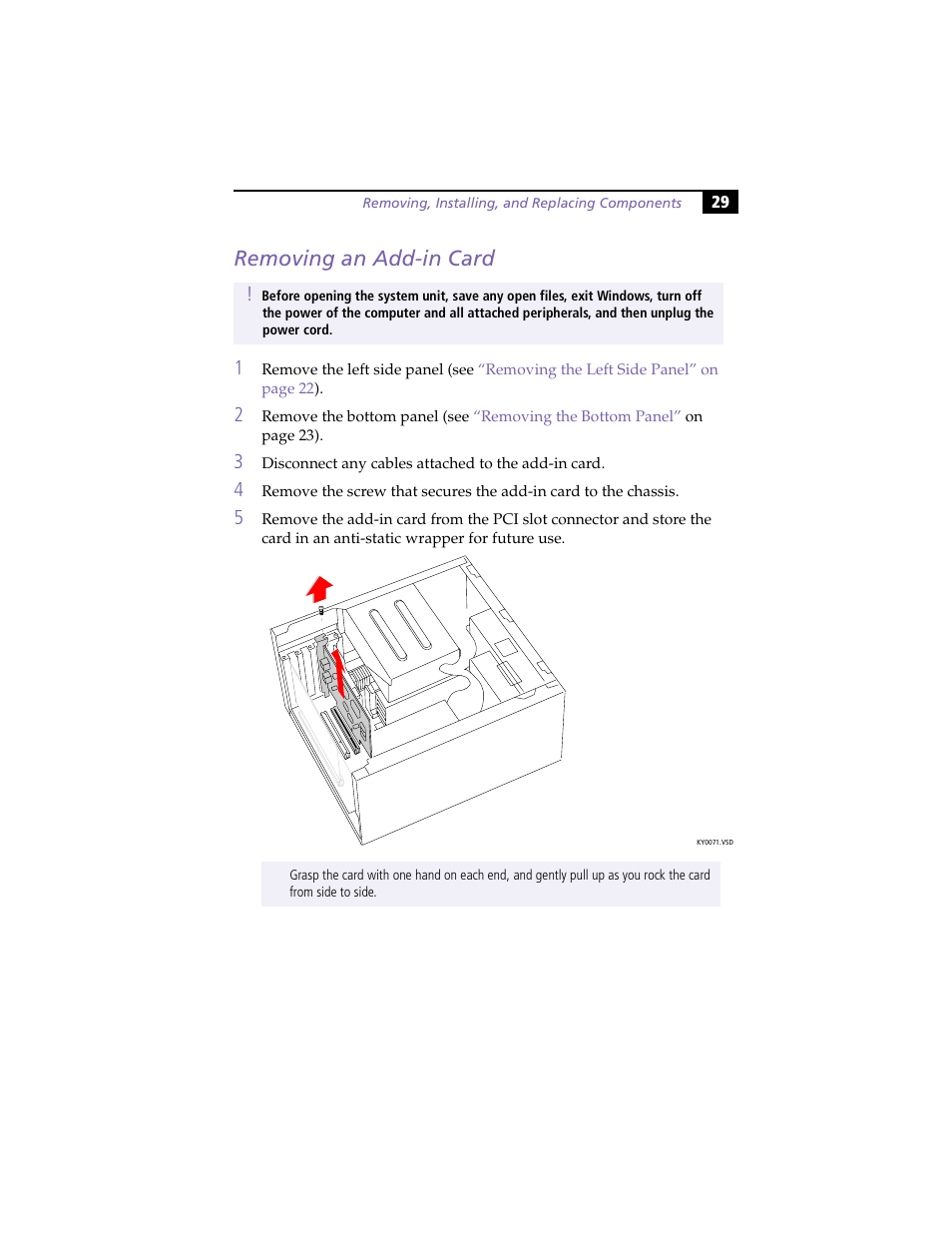 Removing an add-in card | Sony PCV-E204 User Manual | Page 37 / 114