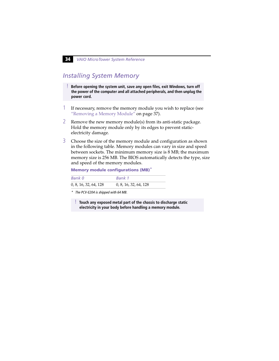 Installing system memory | Sony PCV-E204 User Manual | Page 42 / 114