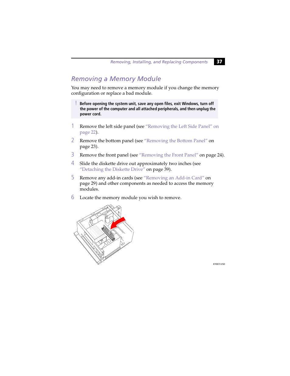 Removing a memory module | Sony PCV-E204 User Manual | Page 45 / 114