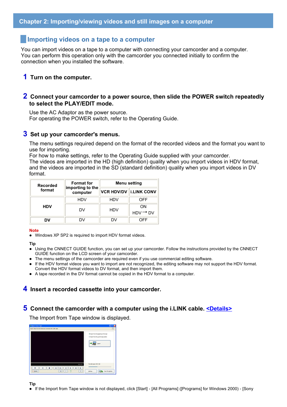 Importing videos on a tape to a computer | Sony HDR-HC7 User Manual | Page 11 / 34