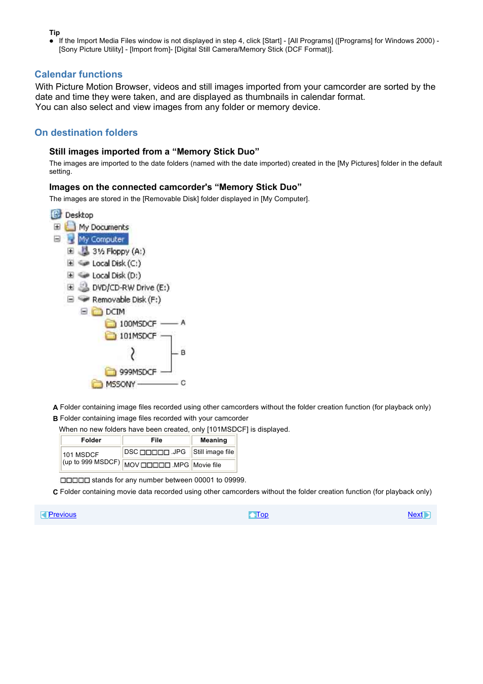 Calendar functions, On destination folders | Sony HDR-HC7 User Manual | Page 14 / 34