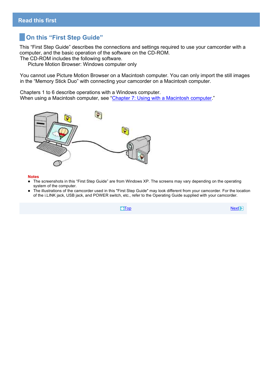 Read this first, On this “first step guide | Sony HDR-HC7 User Manual | Page 2 / 34