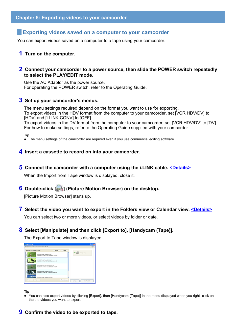 Chapter 5: exporting videos to your camcorder | Sony HDR-HC7 User Manual | Page 24 / 34