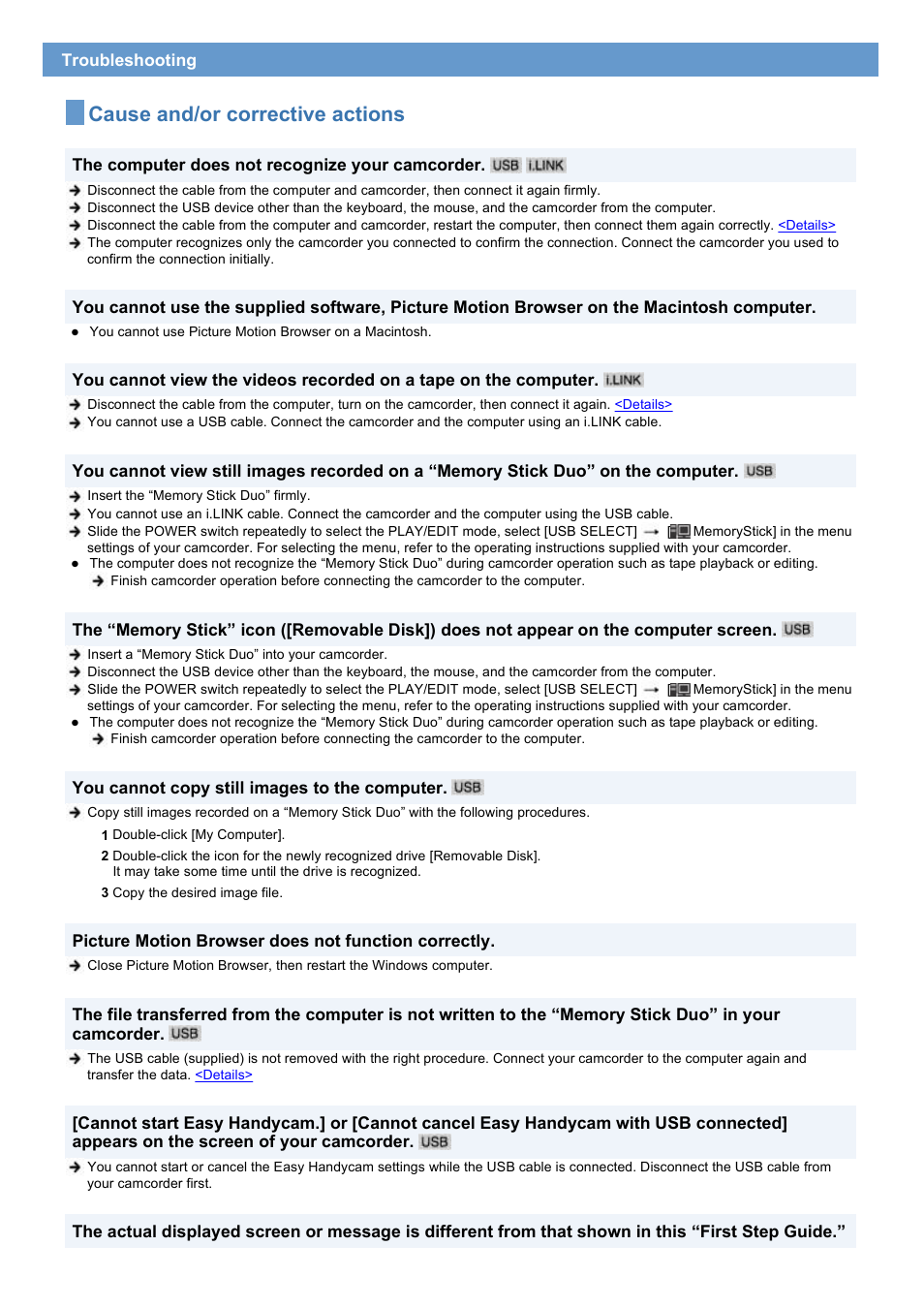 Cause and/or corrective actions | Sony HDR-HC7 User Manual | Page 30 / 34