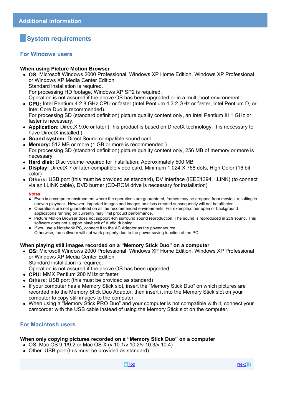 Additional information, System requirements, For windows users | For macintosh users | Sony HDR-HC7 User Manual | Page 32 / 34