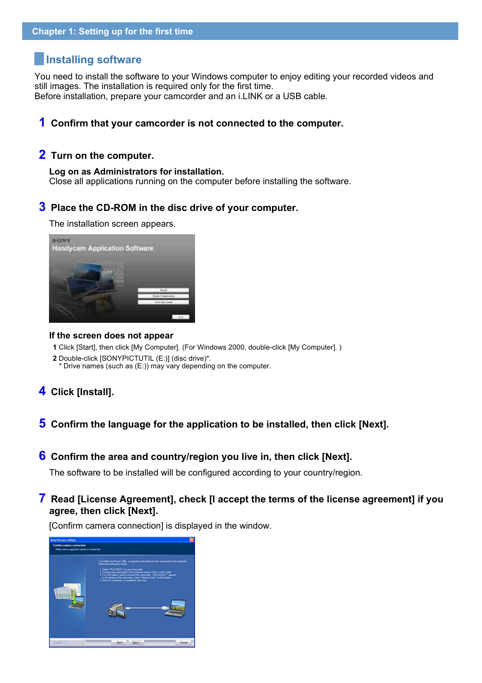 Installing software | Sony HDR-HC7 User Manual | Page 6 / 34