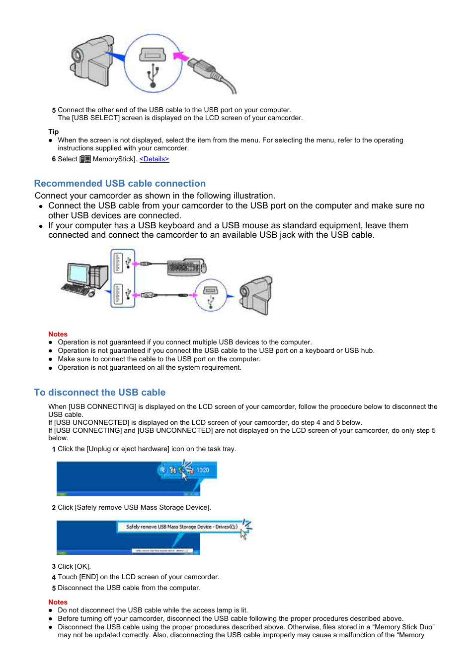 Recommended usb cable connection | Sony HDR-HC7 User Manual | Page 9 / 34