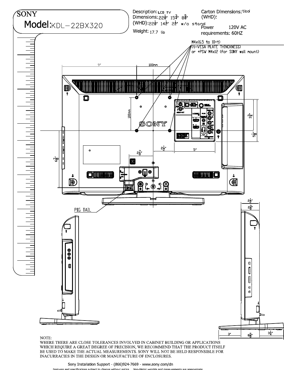 Whd):224' 14^' 2^' w/o stand, Model | Sony KDL-22BX320 User Manual | Page 2 / 3