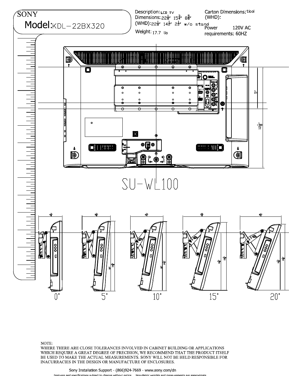 Model :kdl-22bx320, Whd):224' 14^' 2^' w/o stand, Su-vlioo | Model | Sony KDL-22BX320 User Manual | Page 3 / 3