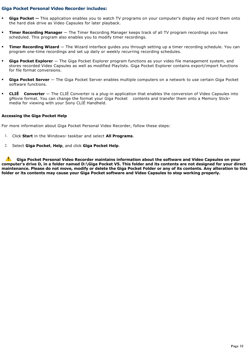 Giga pocket personal video recorder includes | Sony PCV-RS411 User Manual | Page 32 / 146