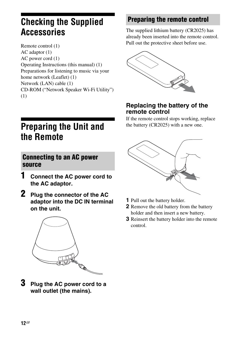 Checking the supplied accessories, Preparing the unit and the remote, Connecting to an ac power source | Preparing the remote control, Preparing the unit and the remote 1 | Sony SA-NS300 User Manual | Page 12 / 40