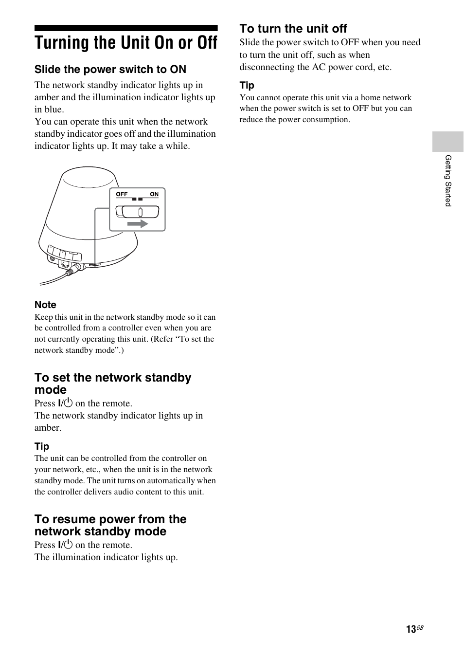Turning the unit on or off | Sony SA-NS300 User Manual | Page 13 / 40