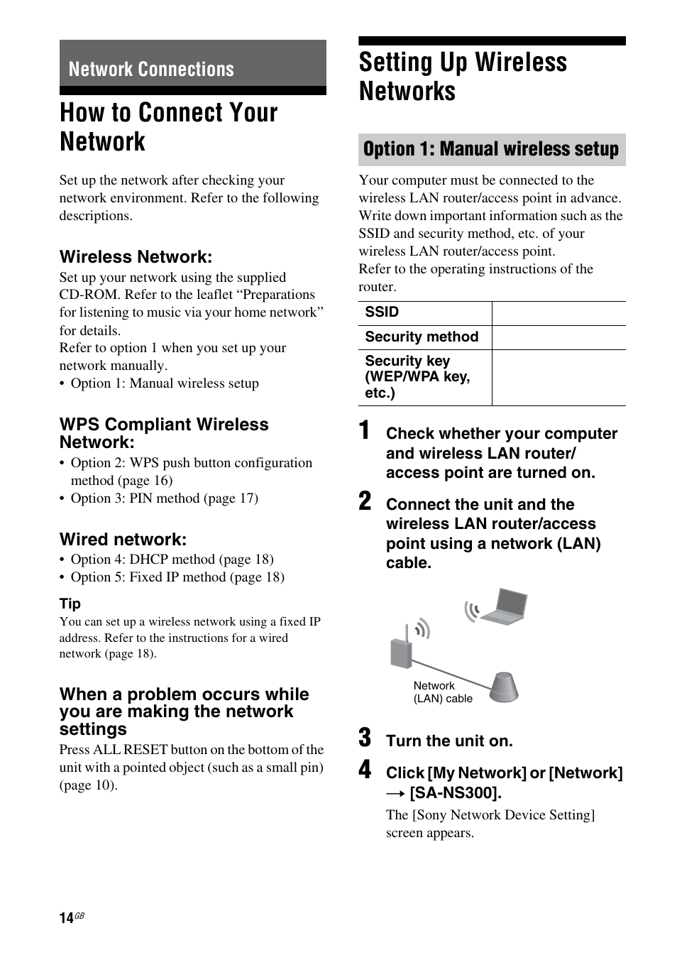 Network connections, How to connect your network, Setting up wireless networks | Option 1: manual wireless setup | Sony SA-NS300 User Manual | Page 14 / 40