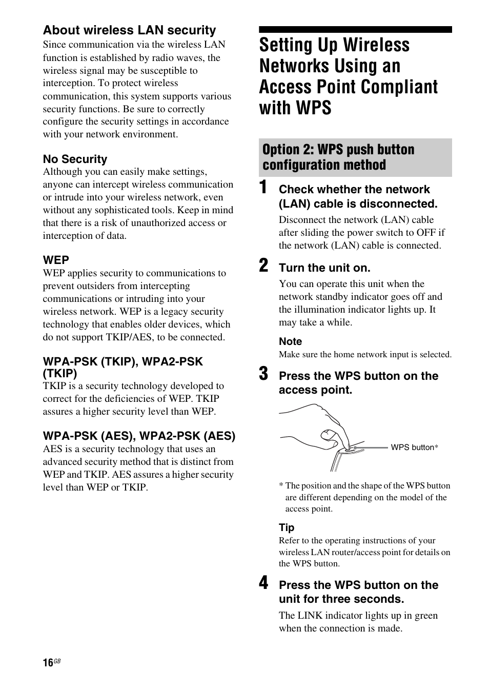 Option 2: wps push button configuration method, Setting up wireless networks using an | Sony SA-NS300 User Manual | Page 16 / 40