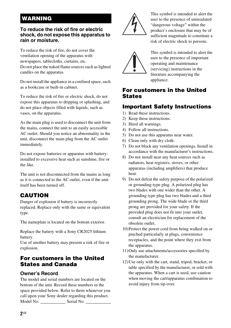 Caution, For customers in the united states and canada, Warning | Sony SA-NS300 User Manual | Page 2 / 40