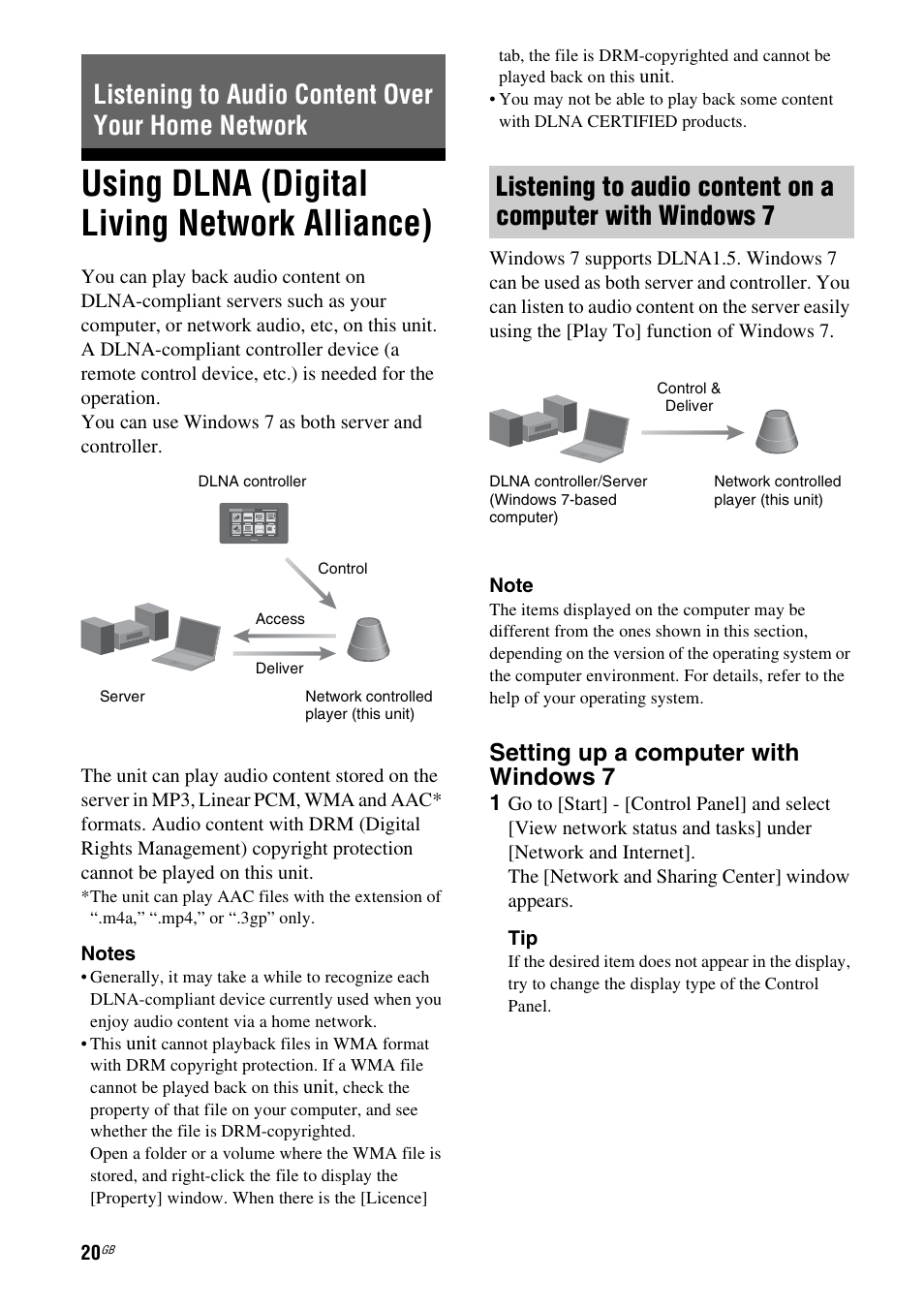 Listening to audio content over your home network, Using dlna (digital living network alliance), Using dlna (digital living network | Setting up a computer with windows 7 | Sony SA-NS300 User Manual | Page 20 / 40