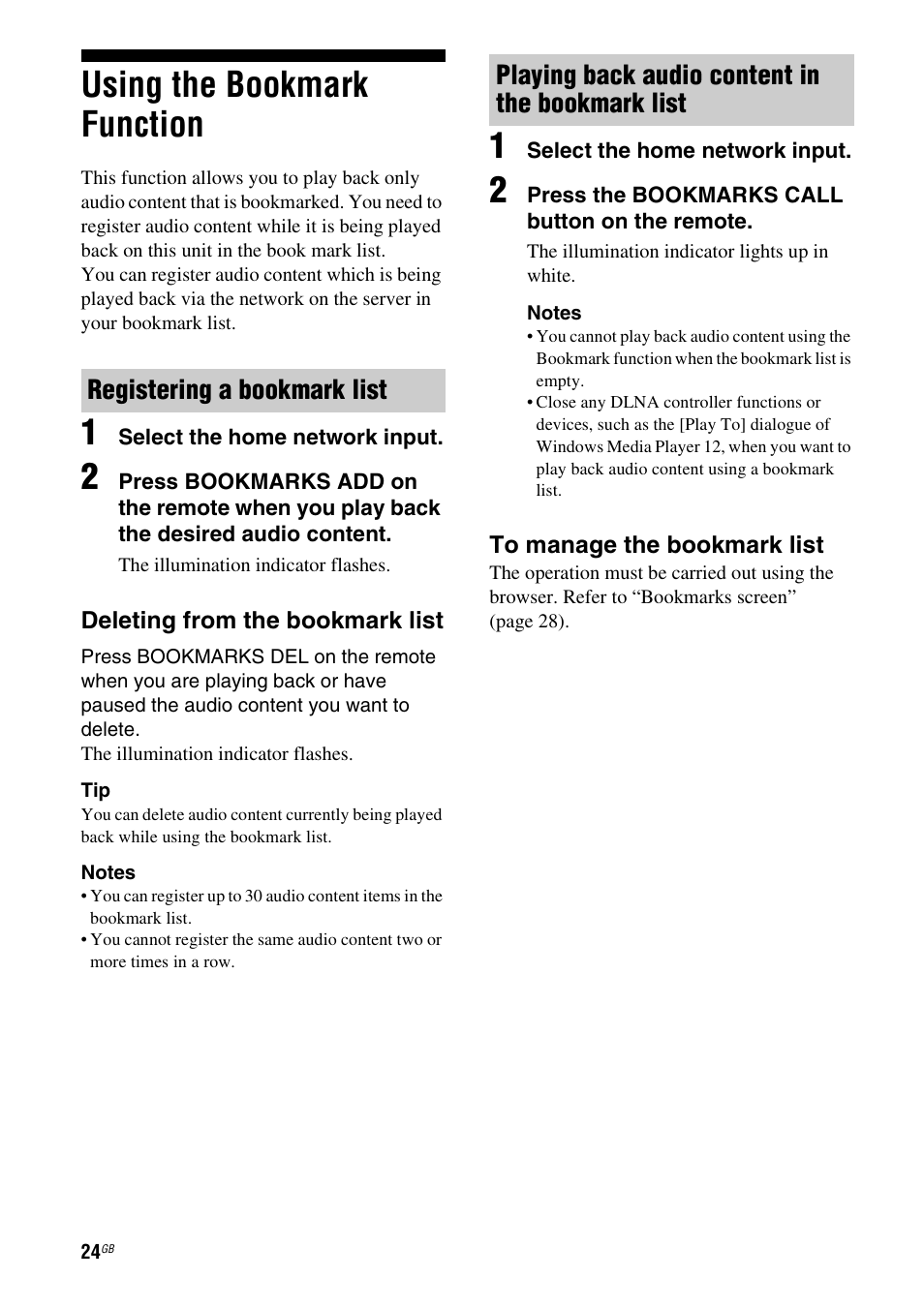 Using the bookmark function, Registering a bookmark list, Playing back audio content in the bookmark list | Sony SA-NS300 User Manual | Page 24 / 40