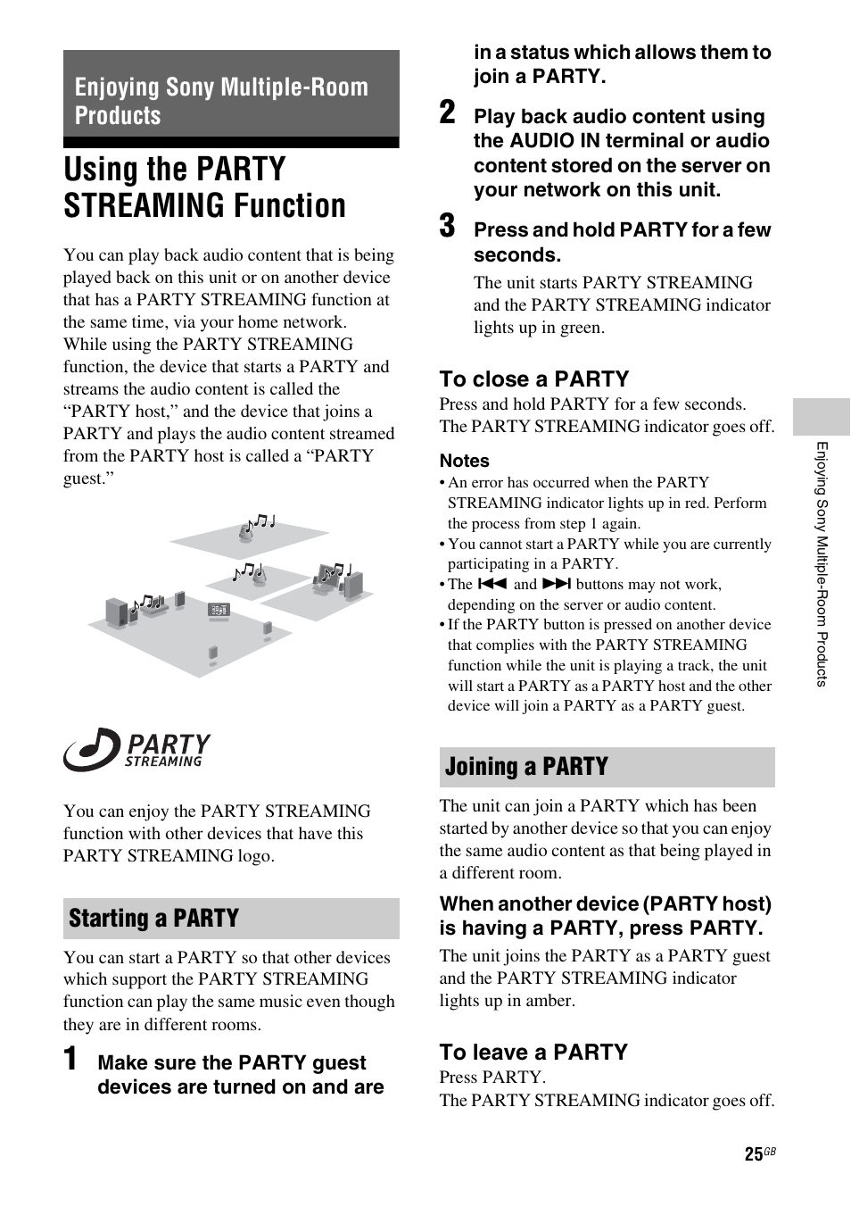 Enjoying sony multiple-room products, Using the party streaming function, Starting a party | Joining a party, Using the party streaming, Function starting a party joining a party | Sony SA-NS300 User Manual | Page 25 / 40