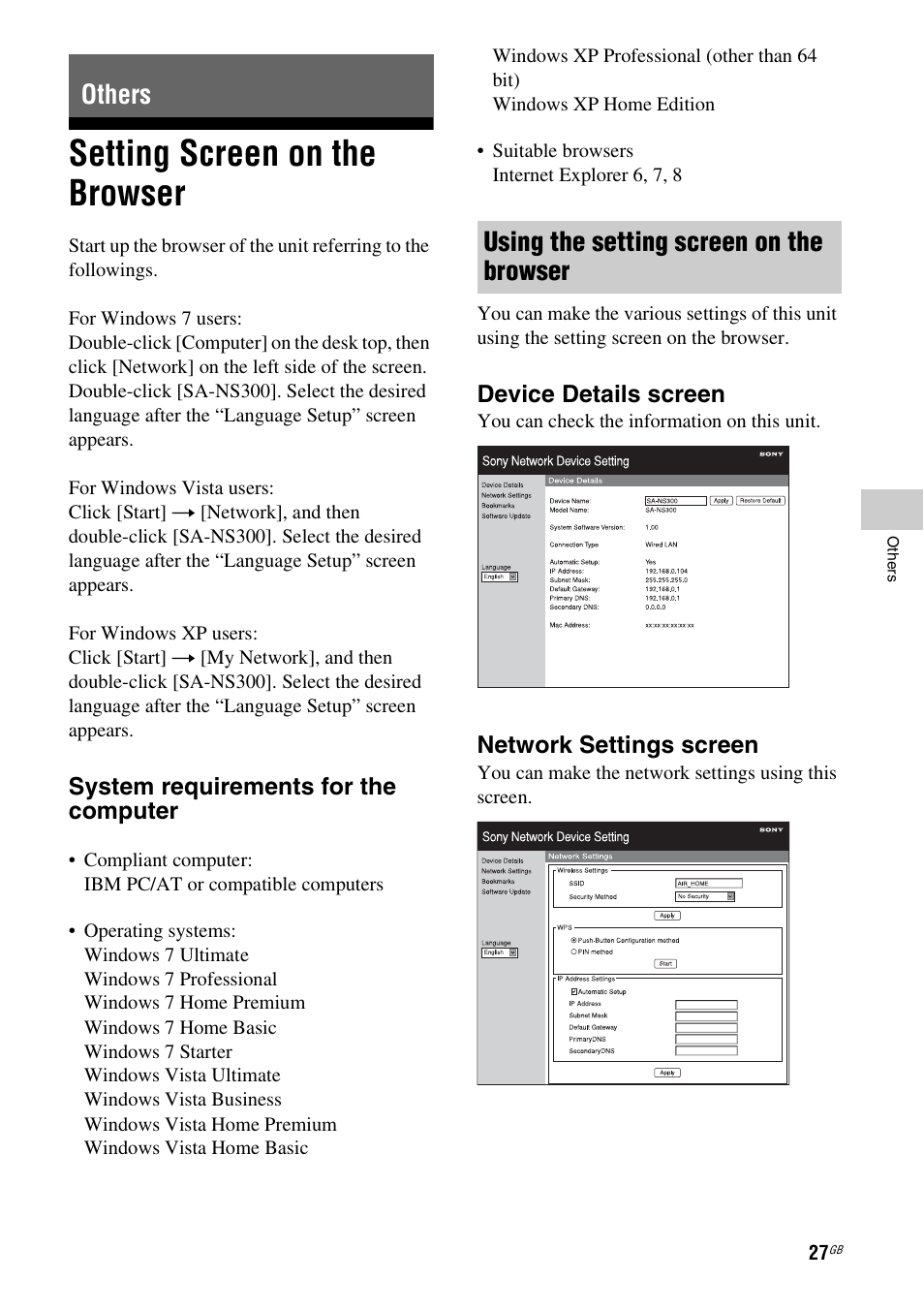 Others, Setting screen on the browser, Using the setting screen on the browser | Others using the setting screen on the browser | Sony SA-NS300 User Manual | Page 27 / 40