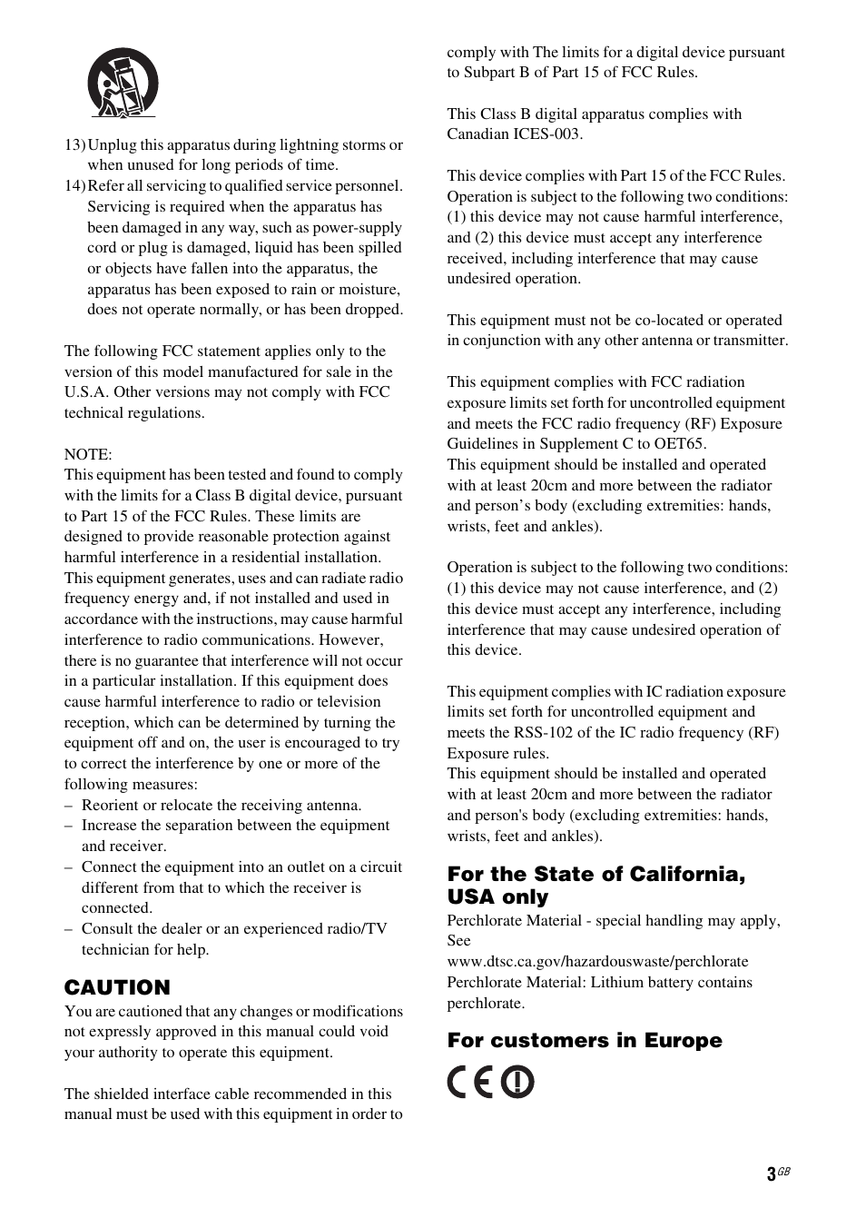 Caution, For the state of california, usa only, For customers in europe | Sony SA-NS300 User Manual | Page 3 / 40