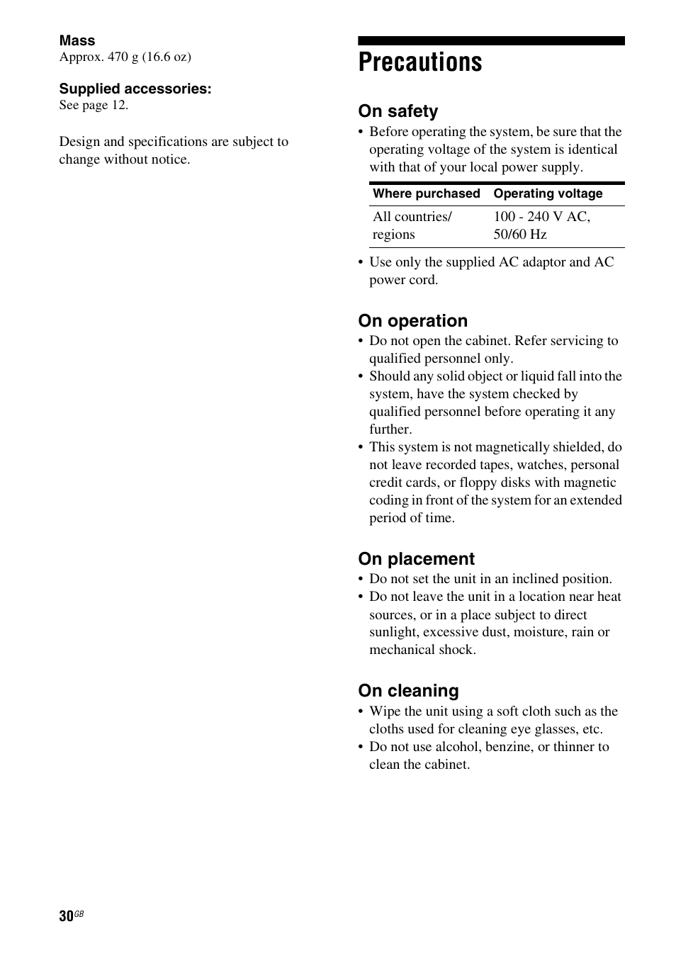 Precautions, On safety, On operation | On placement, On cleaning | Sony SA-NS300 User Manual | Page 30 / 40