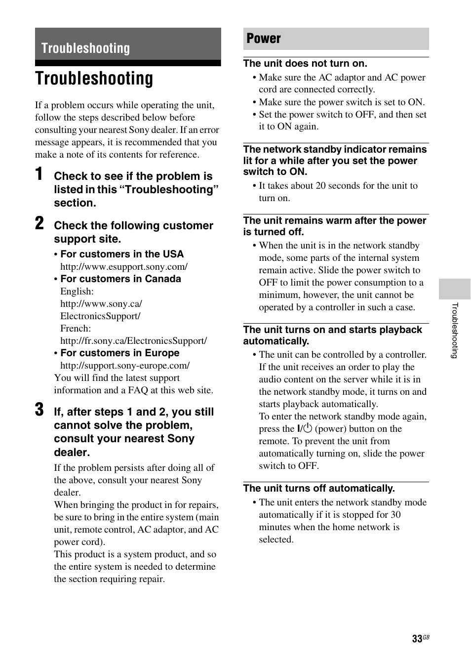 Troubleshooting, Troubleshooting power | Sony SA-NS300 User Manual | Page 33 / 40