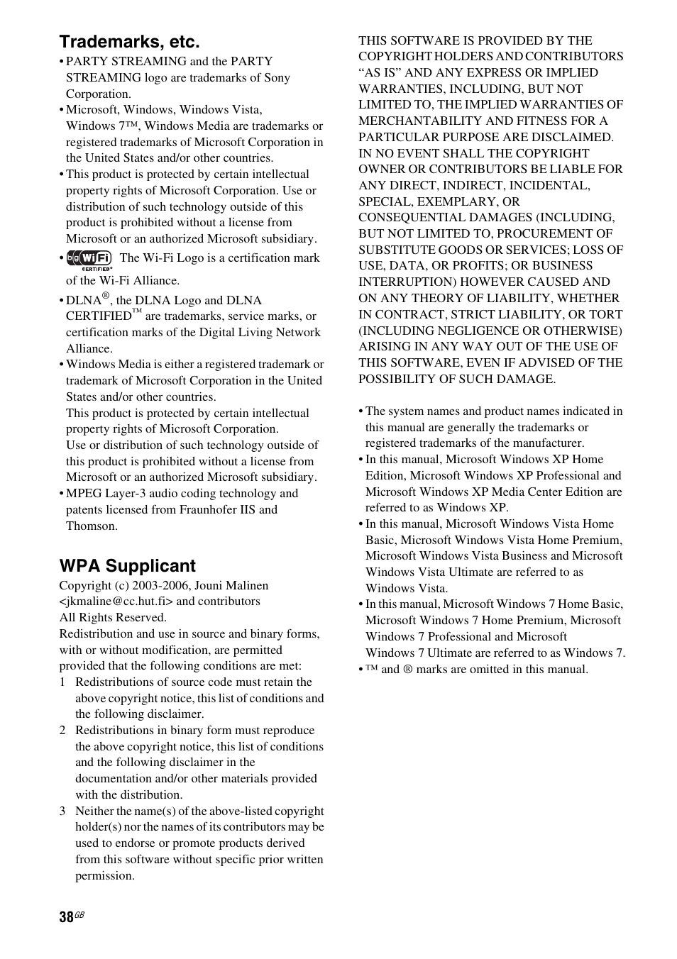 Trademarks, etc, Wpa supplicant | Sony SA-NS300 User Manual | Page 38 / 40