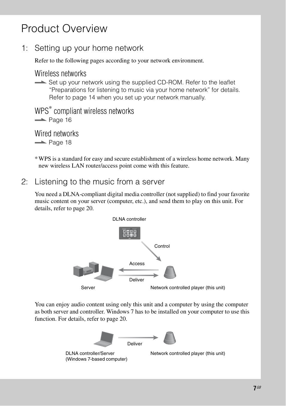 Product overview, Setting up your home network, Wireless networks | Compliant wireless networks, Wired networks, Listening to the music from a server | Sony SA-NS300 User Manual | Page 7 / 40