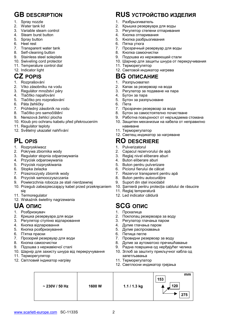 Ua scg | Scarlett SC-1133S User Manual | Page 2 / 26