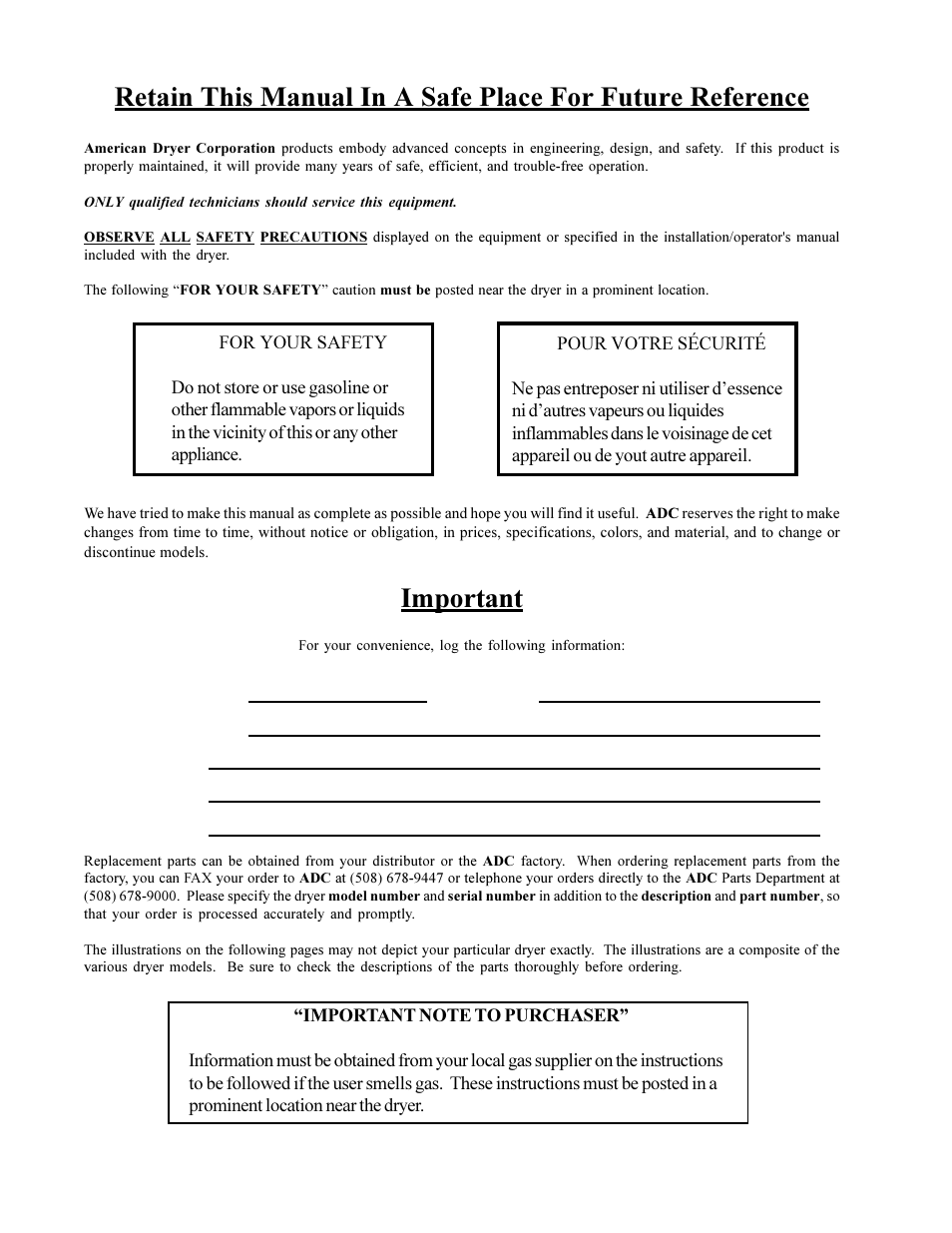 Important | American Dryer Corp. AD-230 User Manual | Page 2 / 48