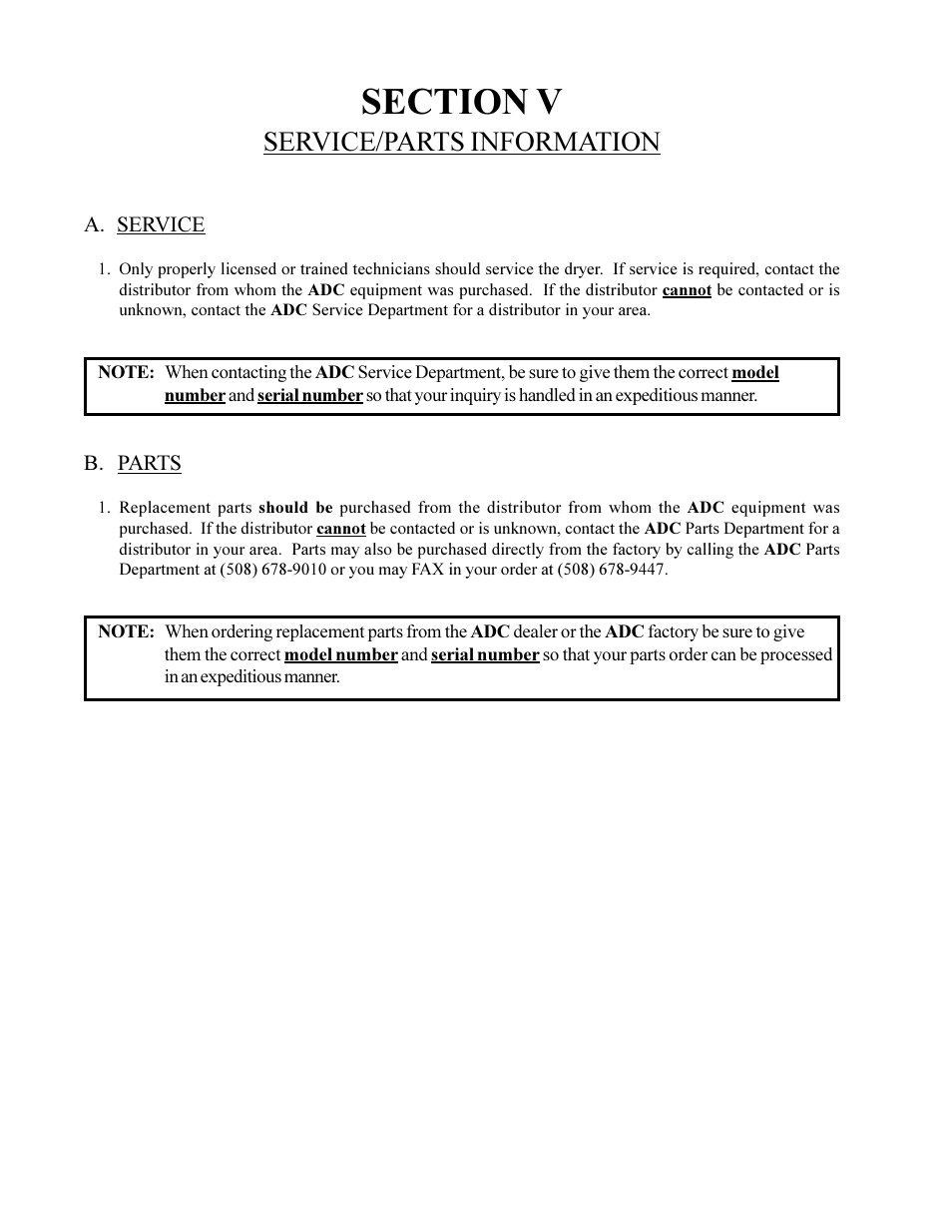 Service/parts information | American Dryer Corp. AD-230 User Manual | Page 34 / 48